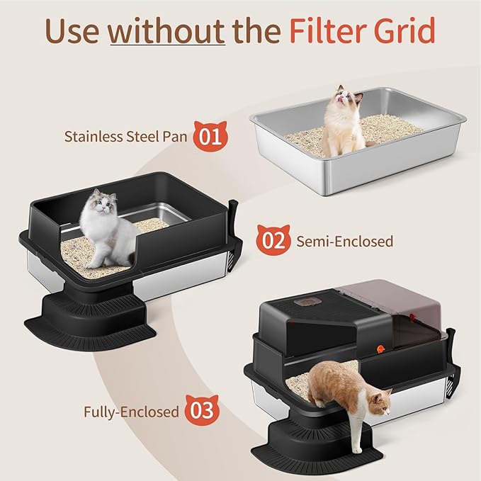 XXXL Stainless Steel Litter Box, 28"x20"x18" Extra Large Fully Enclosed High Sided Metal Cat Litter Box with Filtered Grid, Step, Scoop, Non-Sticky, Non-Odor, Easy Cleaning (Black)