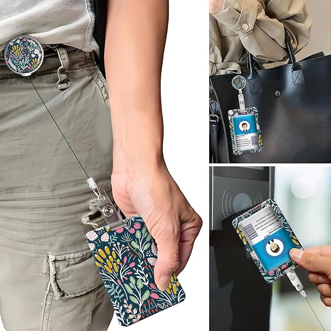 ID Badge Holder with Retractable Lanyard and Keychain, Badge Reel with Rotate Carabiner Clip,Beige Flower Card Name Tag Lanyard ID Protector Bage Clips for Student, Women, Office (Cute Boho Flower)