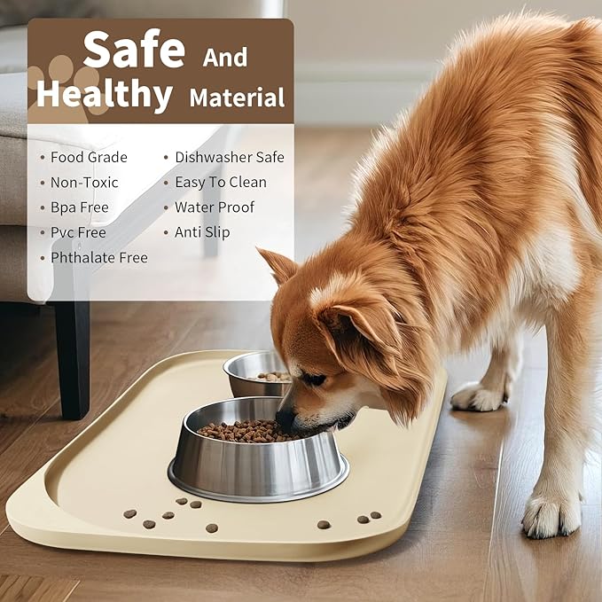Silicone Pet Food Mat with Raised Edge for Food and Water Bowl, Dog Feeding Mats, Cat Food Trays for Floor Waterproof, Rubber Tray for Dogs and Cats, 24 x 16 x 0.8 Sand White (Yellow Cast)
