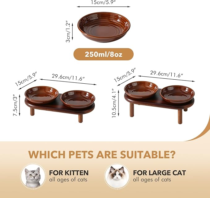 Elevated Ceramic Cat Dish, Wide Whisker Friendly Anti-Slip Food & Water Bowl with 2 Heights Adjustable Acacia Wooden Stand - Pet Bowl Set for Cats (2 Dishes +Stand, Caramel Brown)