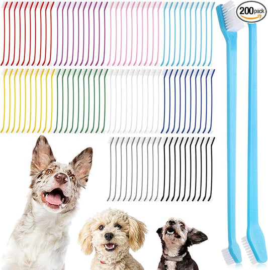 200 Pcs Dog Toothbrush Dual Headed Dental Brushes Bulk Dog Tooth Brushing Kit Long Handle Soft Bristles Pet Tooth Brush for Large and Small Dogs, Cats, Puppy Teeth Cleaning Dental Oral Care