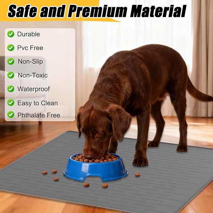 Large Dog Mat for Food and Water, 31.8"x23.8" Silicone Pet Feeding Mats, Waterproof Dog Bowl Mat with High Edges to Prevent Water and Food Spills, Dark Gray