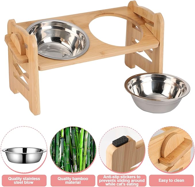 2 Set Elevated Dog Cat Bowls, 15 Tilted Raised Pet Bowl for Puppy and Cats Adjustable Dog Food Feeding Dishes Wood Stand Pet Feeder with Stainless Steel and Non Slip Feet