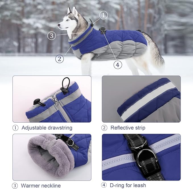 Lelepet Dog Coat Warm Dog Winter Coat Waterproof Dogs Jacket with Harness Built in Reflective Pet Fleece Vest Zip-Up Cold Weather Coats for Large Dogs Turtleneck & Windproof Coats Boxer Blue XL