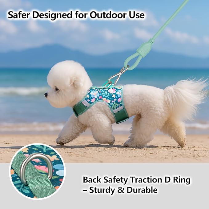 Dog Harness for Small Sized Dog,Hook-and-Loop Easy On/Off, Reflective Adjustable Soft Mesh Vest for Puppy (Green Floral Print,L)