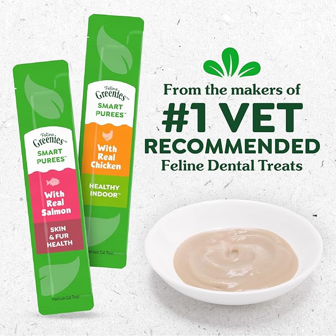 Greenies Feline Smart Purees Healthy Indoor and Skin & Fur Health Lickable Cat Treats, with Real Chicken, with Real Salmon, 0.49 oz. Tubes, 40 Count