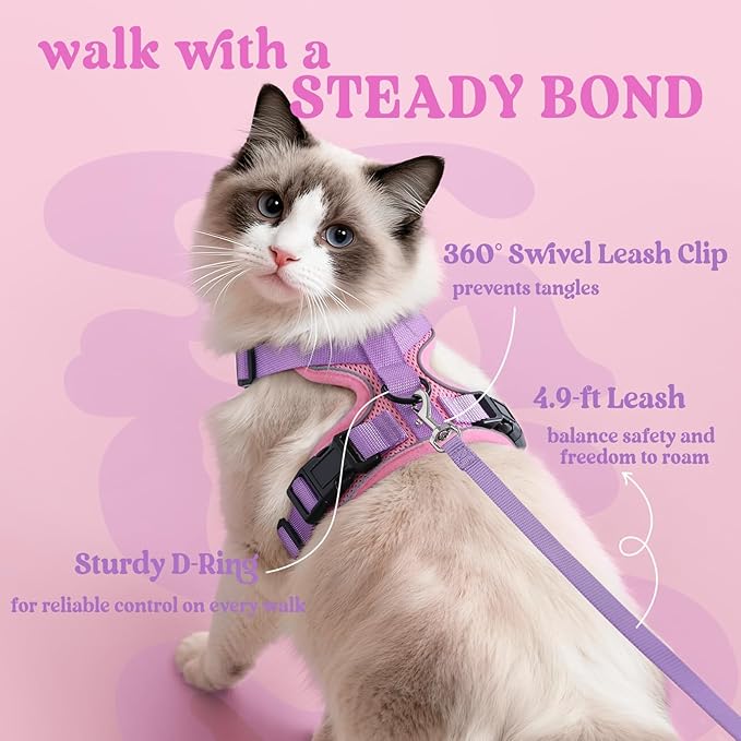 rabbitgoo Cat Harness and Leash for Walking, Escape Proof Soft Adjustable Vest Harnesses for Cats, Easy Control Breathable Reflective Strips Jacket, Pink & Purple, S