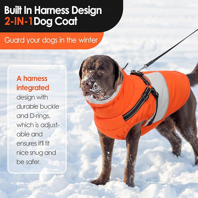 AOFITEE Dog Coat, Large Dog Jacket, Dogs Coat with Harness Built in, Reflective Waterproof Dogs Jackets Winter with Furry Collar, Warm Polar Fleece Pet Sweater Snowsuit for Doberman, Great Dane XXXL