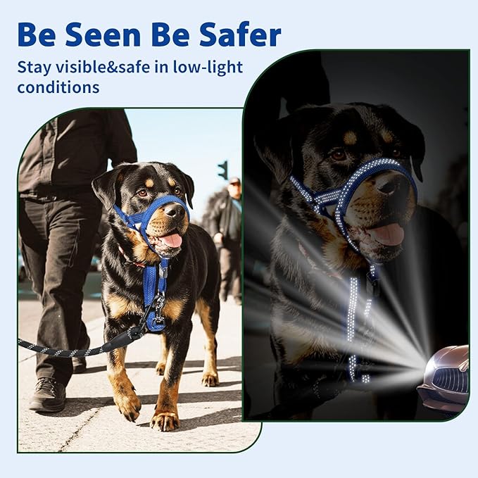 BARKLESS Sturdy No Pull Head Collar for Medium Large Dogs, Gentle Reflective Head Halter with Safety Link, Adjustable Nylon Dog Training Muzzle Leash for Walking Control (Blue, XL)