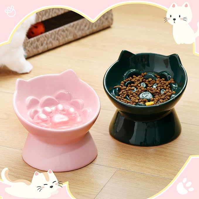 2 Pcs Ceramic Elevated Slow Feeder Cat Bowl Cute Tilted Anti Vomiting Raised Cat Bowl for Dry Wet Food and Water Easy to Clean High Edge Pet for Small Dogs(Dark Green, Pink)