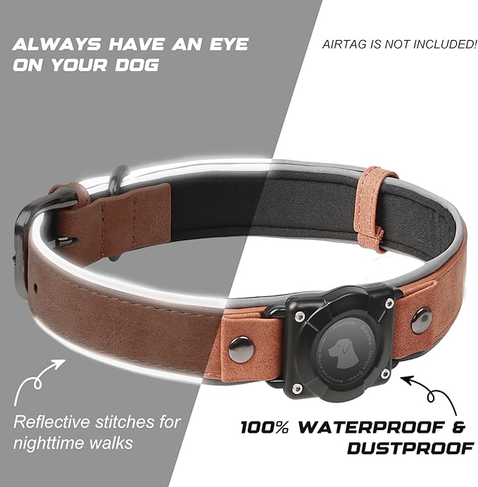 AirTag Dog Collar - Leather Dog Collar with Air Tag Holder | IPX8 Waterproof, Reflective, High - End, Adjustable Soft Padded | Dog GPS Tracker Collars Fit for Medium Large Dogs (MahoganyBrown, L)