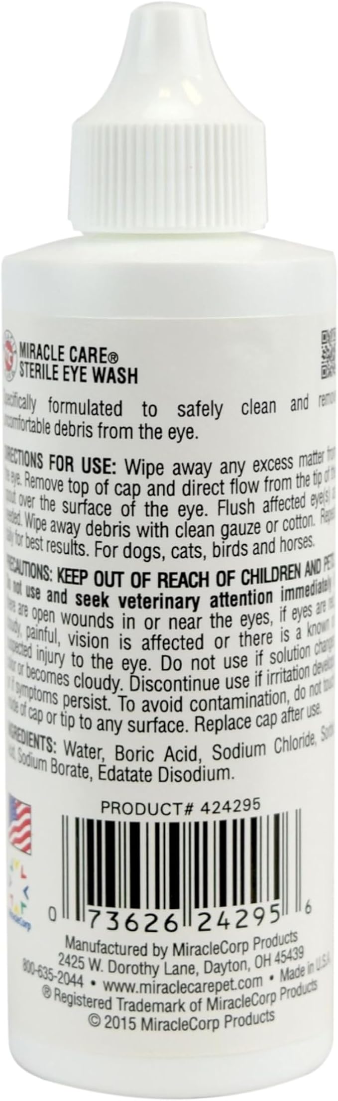 Miracle Care Sterile Eye Wash for Dogs and Cats, 4 Ounce, Soothing and Non Stinging Eye Drops to Remove Debris