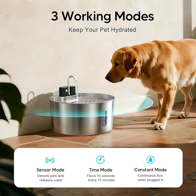 Dog Water Fountain,Wireless Stainless Steel Dog Fountain for Small to Large Dogs,1.8Gal/7L Battery Operated Cat Water Fountain,Water Level Window,Quiet Pump,Multi-Filtration,Easy Clean,6 Filter