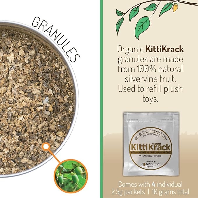 TWINCRITTERS KittiKrack Rock Organic Silvervine Catnip Substitute for Cats & Kittens | All-Natural Wild Harvested Silvervine Granules | 4 Refills for TWINCRITTERS Refillable Plush Cat Toys | 10g