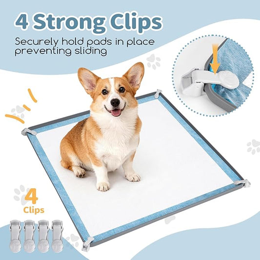 Pee Pad Holder, Dog Potty Tray for 24" x 24" Training Pads, Silicone Non-Slip Pee Mat Potty, No Spill Raise Lip High Edge Puppy Pad Tray with 4 Holder Clamps for Dog Training Home Floor Protection