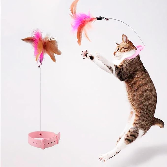 Cat Teaser Kitten Collar Teaser Kitten Teasing Stick Interactive Hands Plume with Collar Bell Self Play Having Fun for Exercise (Pink)