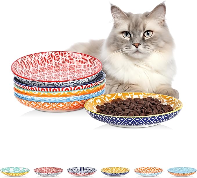 Selamica Ceramic Cat Bowls, 6 Inch Wide Shallow Cat Food Bowl for Relief Whisker Fatigue, Set of 6, Assorted Colors