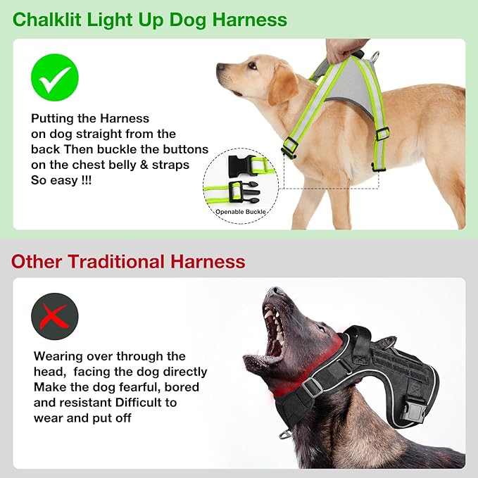 ChalkLit Light Up Dog Harness, No Pull Led Dog Harness Glow-in-The-Dark for Night Walking, USB Rechargeable Lighted Safety Vest for Small Dogs, Adjustable Soft Mesh Fully Illuminated (Green, Small)