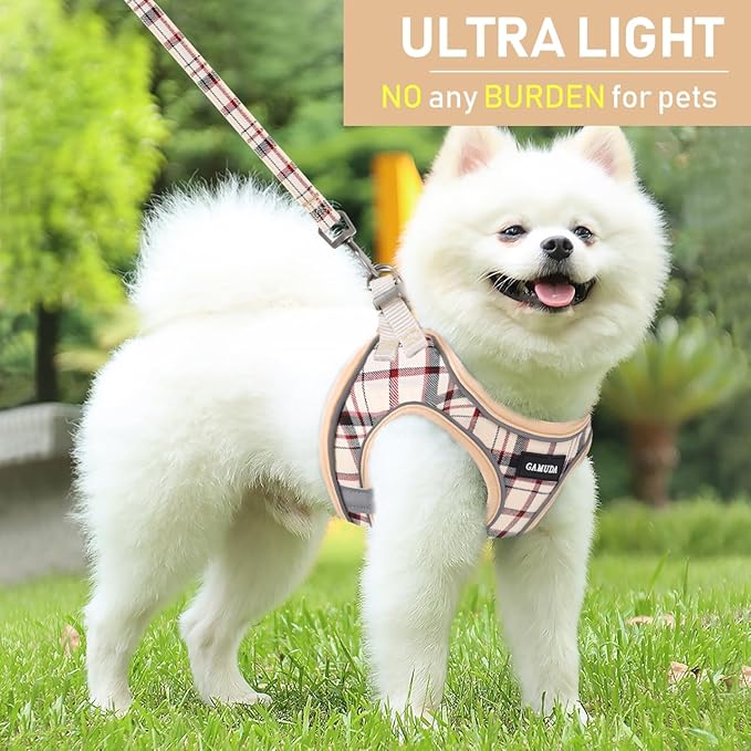 GAMUDA Small Dog Harness Collar and Leash Set, Step in No Chock No Pull Soft Mesh Adjustable Dog Vest Harnesses Plaid Reflective for Dogs Puppy Cats Kitten Rabbit (Beige, XXS)