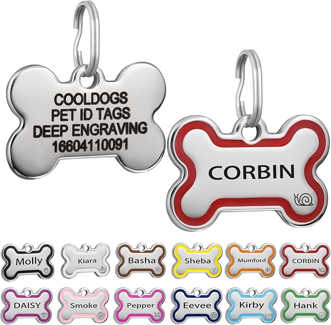CoolDogs Stainless Steel Enamel Pet ID Tags for Dogs and Cats, Personalized Dog Tags,Cat Tags,Custom Engraved Dog Name Tag,Cat Name Tag with up to 5 Lines of Text on Both Sides (Red, Large)