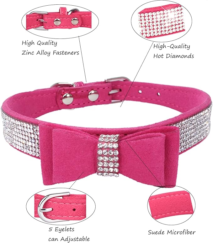Rhinestone Dog Collar for Small Medium Large Dogs, Adjustable Leather Suede Bling Dog Collars，Diamond Bow Tie Puppy Collars for Boy and Girl.