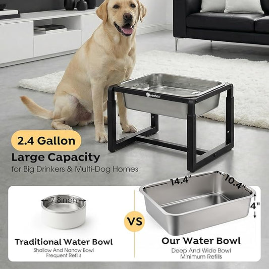 Veehoo 2.4 Gallon Elevated Large Dog Water Bowl, Raised Stainless Steel Water Bowl Stand for Large Breeds, 3 Adjustable Heights Tall Dog Feeding Station for Relief Joint Pressure, Indoor & Outdoor