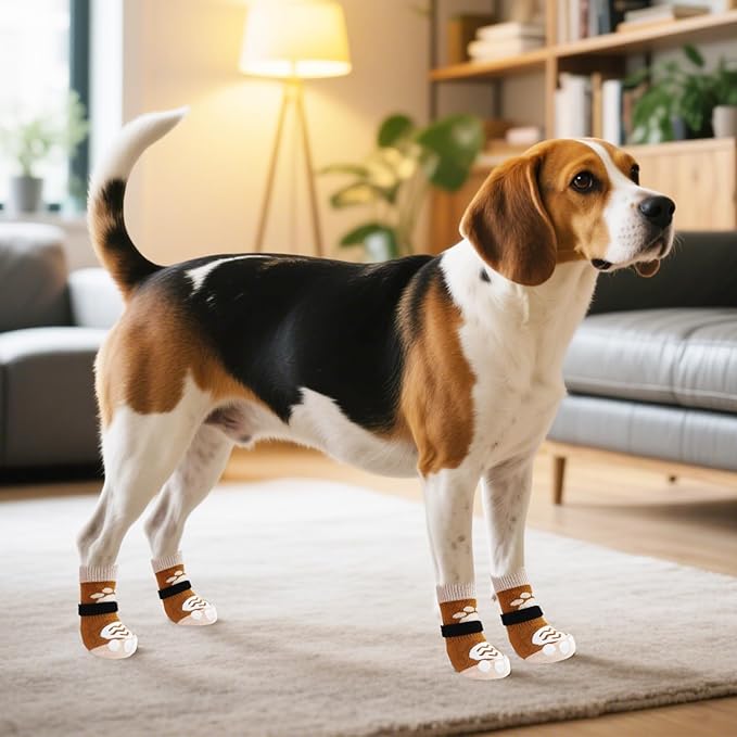 PUPTECK Anti Slip Dog Socks 2 Pairs with Double Grippers for Hardwood Floors, Shoes for Hot/Cold Pavement, Boots & Paws Protectors to Prevent Licking, Traction Booties for Senior Small Large Dogs
