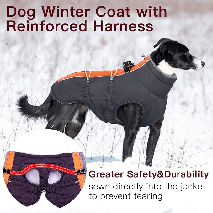 Medium Dog Winter Jacket, Warm Zip Up Snowsuit Dog Harness Vest, Reflective Water-Resistant Coat for Snow, Orange-Gray