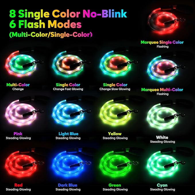YFbrite 5FT Light up Dog Leash with 15 Flashing Modes - Super Bright LED Dog Leash for Small Medium Large Dogs - Type-c Rechargeable Dogs Leashes Light (Multi-Color, 5FT (150cm))
