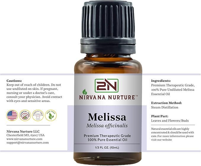 Nirvana Nurture Melissa Essential Oil 100% Pure Premium Therapeutic Grade, Undiluted - Aromatherapy Diffuser for Calm and Relaxation, Skin Care, Hair Care
