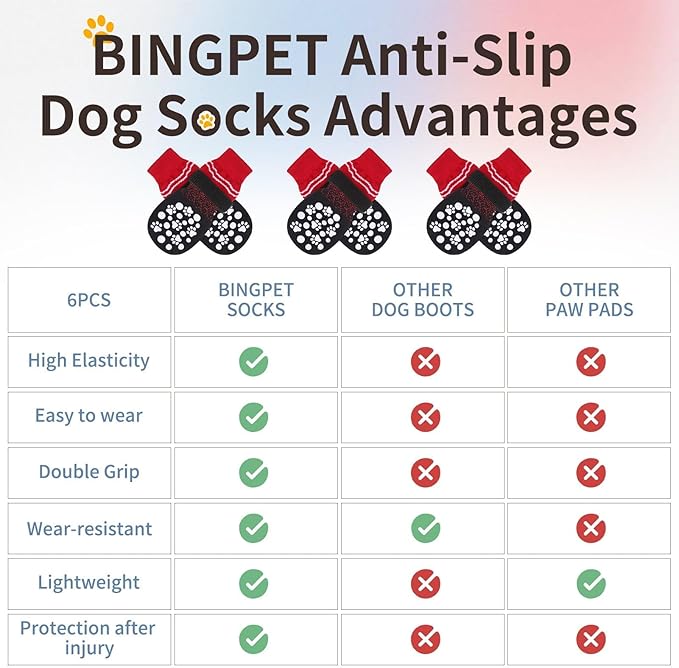 BINGPET 6PCS Dog Socks to Prevent Licking Paws with Grippers for Hardwood Floors Anti Slip, Winter Pet Shoes Booties, Extra-Thick Grip Dog Boots & Paw Protectors for Small Medium Large Senior Dogs, S