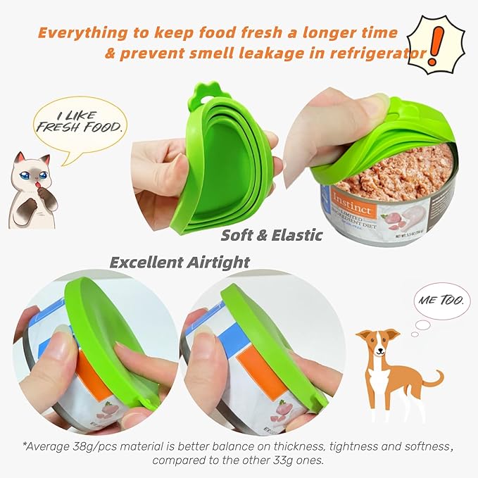 MoPawKT- Silicone Cat/Dog Food Can Covers Lids, Universal 3 Sizes Fit for 3oz, 5.5oz, 6.5oz, 13oz, 13.2oz Pet Food Cans, BPA Free, Reusable (box set of 2 lids in Green & Yellow)