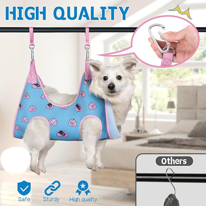 Supet Dog Grooming Hammock Harness for Dogs Cats, Relaxation Pet Nail Clipper Hammock, Restraint Dog & Large Animal Leashes Sling for Groomingk for Nail Trimming (Blue-Love, L)