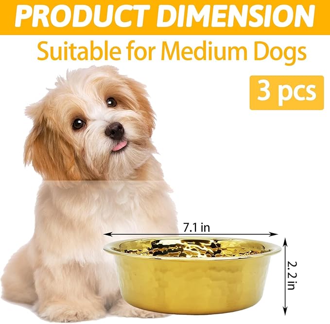 kathson 3pcs Premium Stainless Steel Dog Bowls, Hammered Thickened Metal Dog Bowl Feeding or Water Bowls for Small/Meidum/Large Sized Dogs&Cats Stackable Metal Cat Bowl Dishwasher Safe 7.1 Dia.