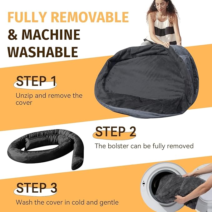 Orthopedic Washable Large Dog Bed: Cooling Dog Bed with Bolsters - Jumbo Bed Waterproof Removable Cover Non-Slip Pet Bed for Jumbo Large Sized - Dark Gray
