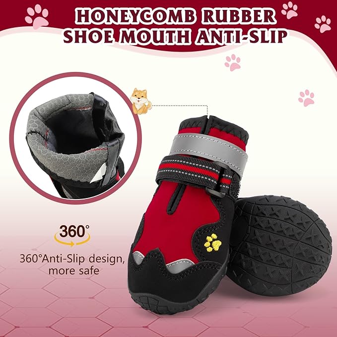 Dog Shoes for Large Dogs, 360°Anti Slip Medium Dog Boots & Paw Protectors Winter Snowy, Waterproof 4Pcs Dog Booties with Reflective Strips (Size 8: 2.95''x3.46''(W*L), Red)
