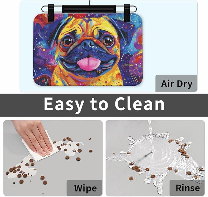 Pug Food Mat for Floors Waterproof,Quick Dry Anti-Slip Dog Bowl Mats for Food and Water,Pet Feeding Mats,Pet Placemat for Messy Drinkers to Protect Floors,Pets Supplies 23.62×15.75in