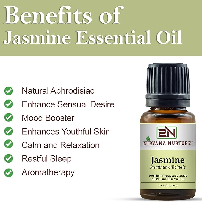 Nirvana Nurture Jasmine Essential Oil 100% Pure Premium Therapeutic Grade, Undiluted - Aromatherapy Diffuser for Calm and Relaxation, Skin Care, Hair Care