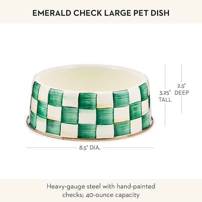 MACKENZIE-CHILDS Enamel Pet Bowl, Cute Cat and Dog Bowl for Food and Water, Large, Green-and-White Emerald Check