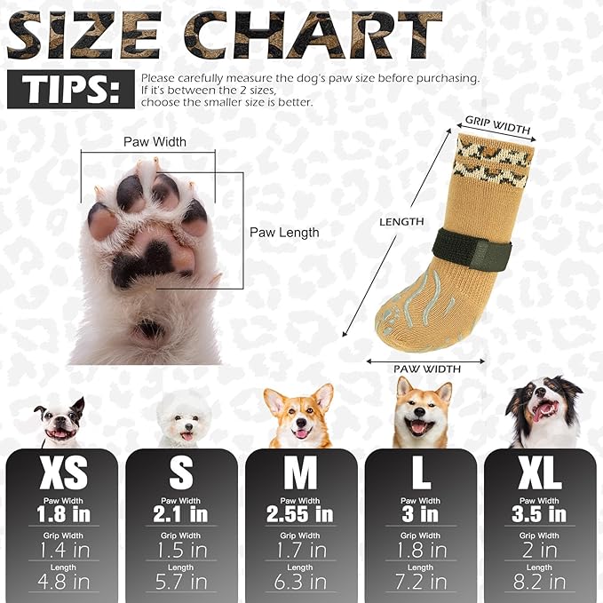 EXPAWLORER Dog Socks for Cold Winter Snow to Prevent Licking Paws, Anti Slip Doggie Grippy Booties Shoes for Hardwood Floors, Boots & Paw Protectors for Small Medium Large Senior Dogs Khaki M