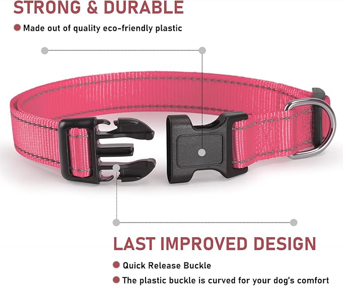 Reflective Dog Collar with Buckle Adjustable Safety Nylon Collars for Small Medium Large Dogs, Light Pink L