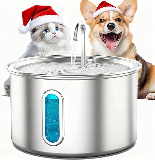 Nasebila Stainless Steel Cat Water Fountain, 3.2L/108oz Quiet Automatic Cat Water Dispenser, Indoor Pet Spout, Dog Drinking Bowl with 1x Filter & 1x Sponge for Cats/Dogs/Multiple Pets - Silver