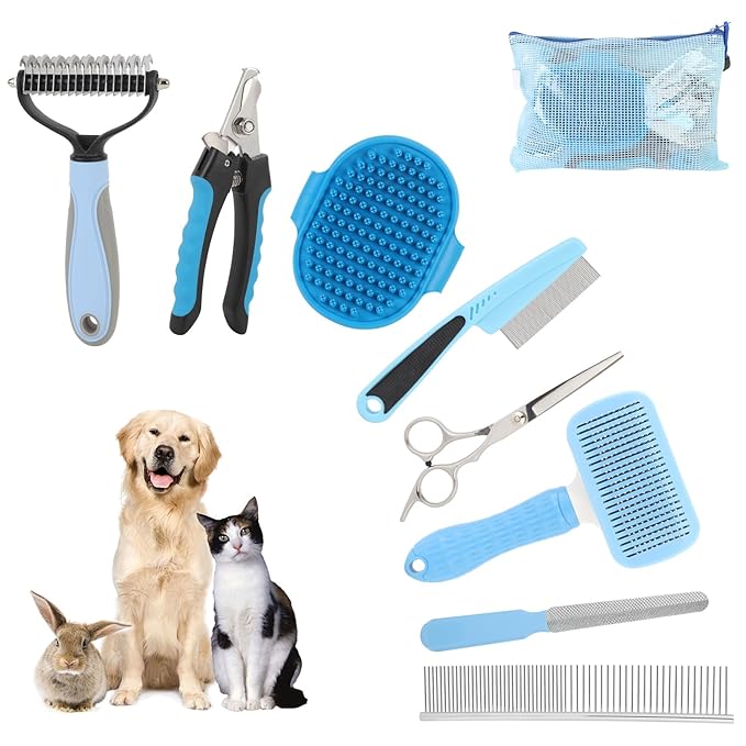 9 Pcs Pet Grooming Brush Set for Shedding, Professional Cats Dogs Long Hair Brush Nail Clipper And File Grooming Kit Self Cleanup Deshedding Multifunctional for Dogs Cats (Blue)