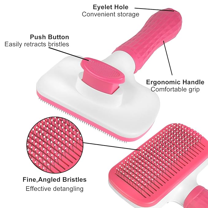 Self Cleaning Slicker Brush, Dog Cat Pet Grooming Shedding, Deshedding Brush and Dematting Tool, Easy to Remove Loose Undercoat, Knots, Mats, Tangles,and Flying Hair (Light Pink)