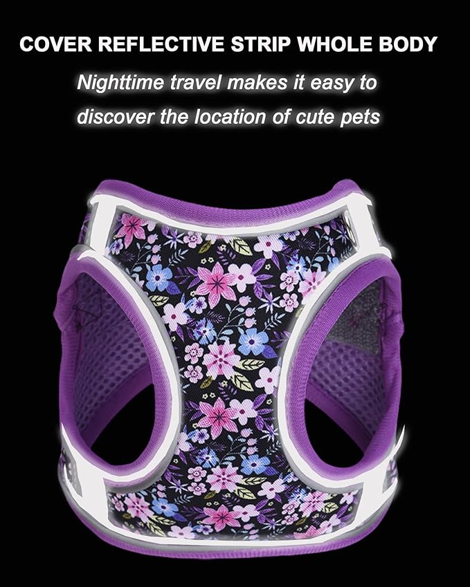 M Purple Flower Pattern Dog Harness and Leash Set,No Escape Puppy Harnesses for Training Walking，Breathable Adjustable Puppy Vest for Small Medium Dogs, Cats (Purple, M)