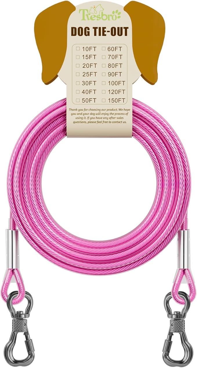 Tresbro 50FT Reflective Tie Out Cable for Dogs Up to 250 Pounds, Steel Wire Lead Leash Cable with Stainless Rotatable Buckle, Lightweight and Enduring, Dog Chains Outside for Outdoor, Yard, Pink