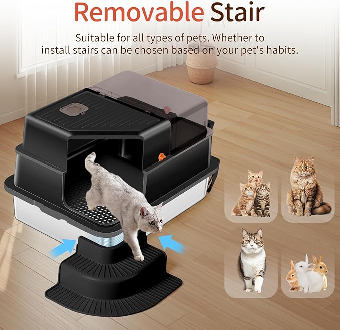 XXXL Stainless Steel Litter Box, 28"x20"x18" Extra Large Fully Enclosed High Sided Metal Cat Litter Box with Filtered Grid, Step, Scoop, Non-Sticky, Non-Odor, Easy Cleaning (Black)