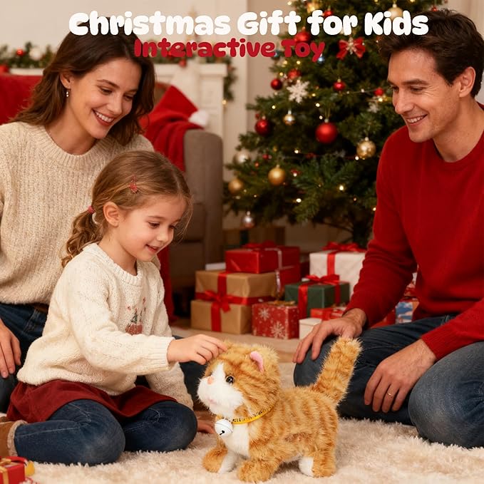 Easfan Walking Plush Kitty Toy Stuffed Animal Electric Interactive Talking Musical Plush Toy Grey Cat Leash Tail Wagging Christmas Birthday Gifts for Kids Toddlers,7"