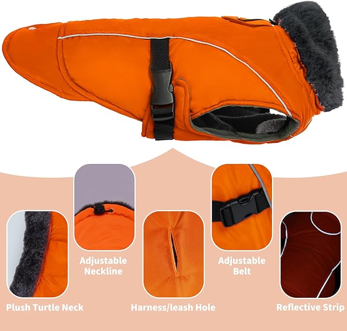 DENTRUN Winter Warm Dog Coat Reflective Jacket with Turtleneck for Cold Weather, Adjustable Buckle Windproof Water Repellent, Thick Snowsuit Fleece Vest for Small, Medium, Large Dogs, Orange, L