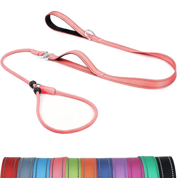 6FT Slip Lead Dog Leash with Double Padded Handle, Anti-Tangle Slip Leads for Dogs, Reflective Nylon No-Pull Training Leash for Small Medium Dogs, Pink